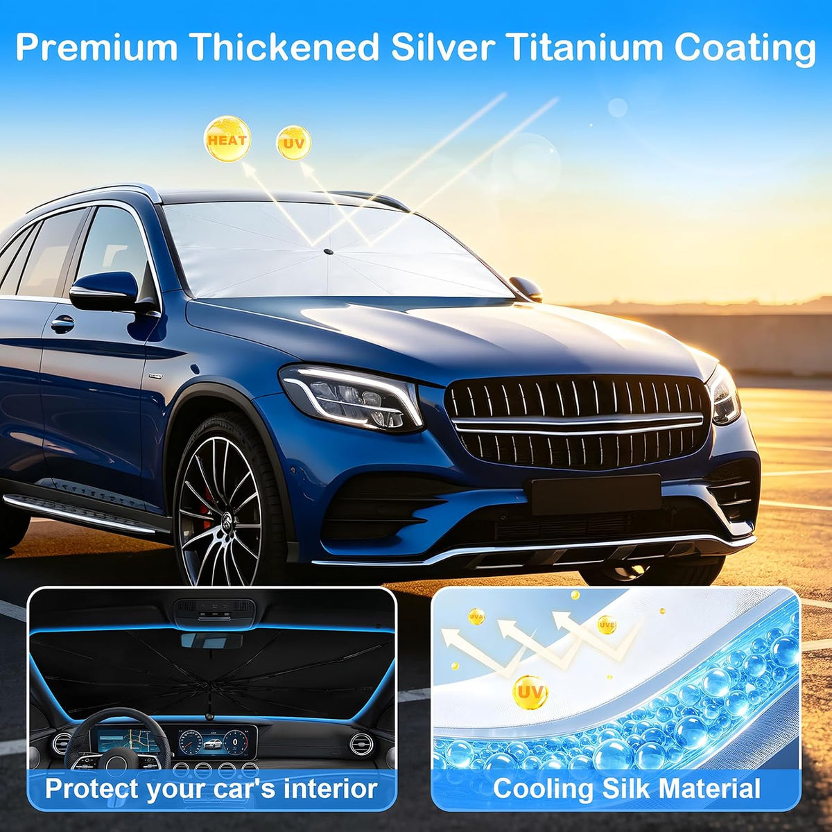 Windshield Sun Shade Umbrella, Foldable Car Windshield Sun Shade Cover, 56" x 31" UV & Heat Insulation Car Sun Shade, Universal Fit for Sedans, SUVs & Trucks