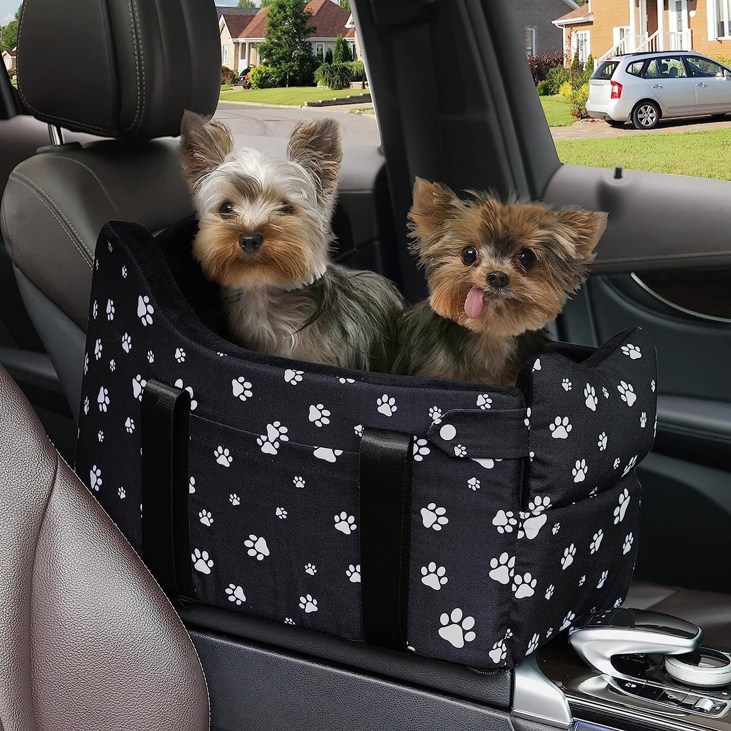 Dog Car Seat for Console - Memory Foam Pet Booster Seat for Small Medium Dogs Up to 21 lbs - SUV Truck Center Console Dog Seat with Safety Leash & Storage Pockets - Washable Cover (Large Black)