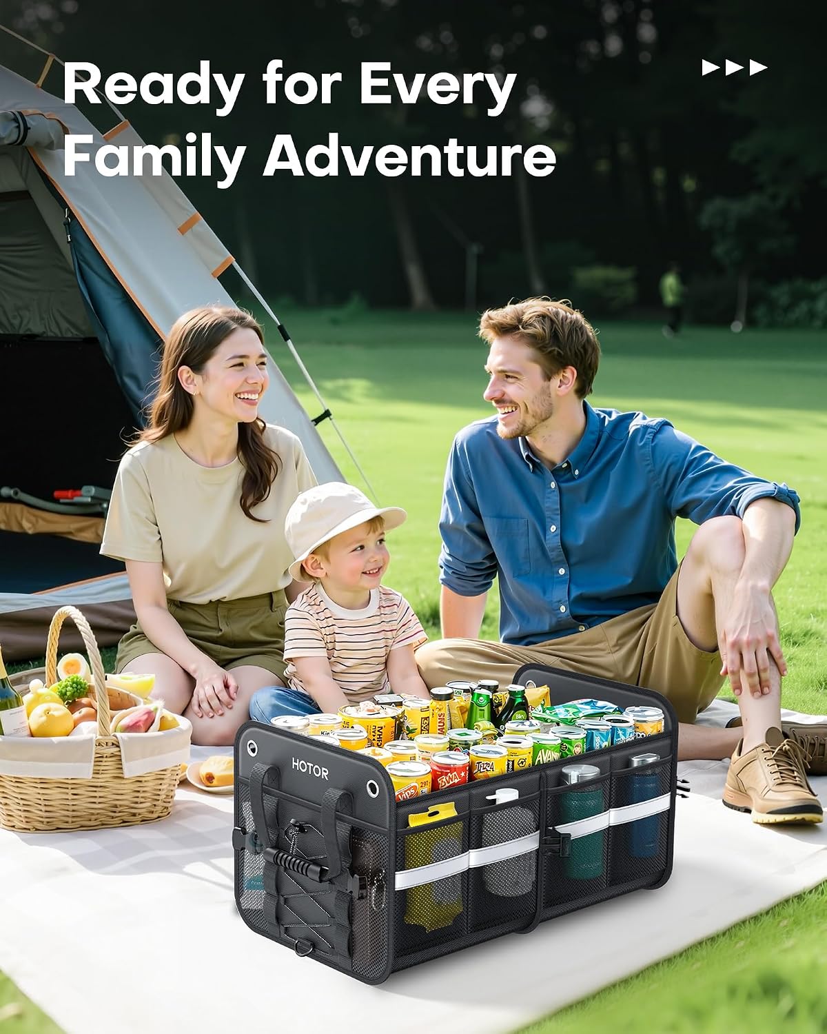 HOTOR Trunk Organizer for SUV – Car Storage Box with Reflective Strips, Collapsible Car Organizer with Large Capacity, Essential Car Accessories for Truck, Van & Sedan, Black, 22.1" x 13.0" x 12.0"