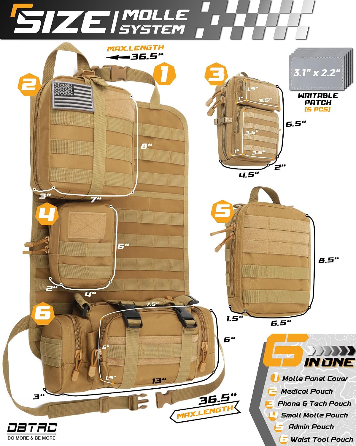 DBTAC Tactical Molle Car Seat Organizer | Vehicle Back Panel with 5X Detachable Pouches, US Flag & Writable Reflective Patch for Cars, Trucks, SUVs, Sedans