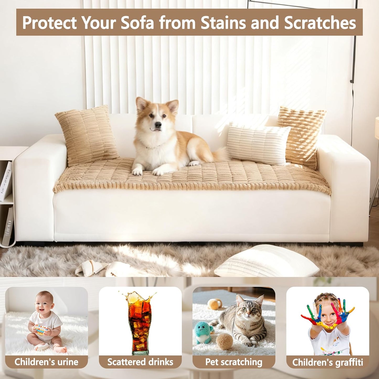 Capslpad Couch Covers for Dogs Washable Non Slip Pets Sofa Covers Fuzzy Sofa Slipcover Geometric Pet Friendly Mat Cushion Protector Travel Pet Mat for Living Room Car Back Seat, Brown 27.5"x59"