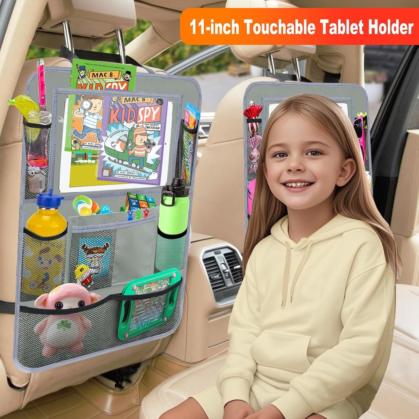 Car Backseat Organizer ，2 Pack Car Organizer Back Seat with 11" Tablet Holder, 10 Storage Pockets Seat Back Protectors Kick Mats for Kids Toddlers, Travel Accessories (Grey)