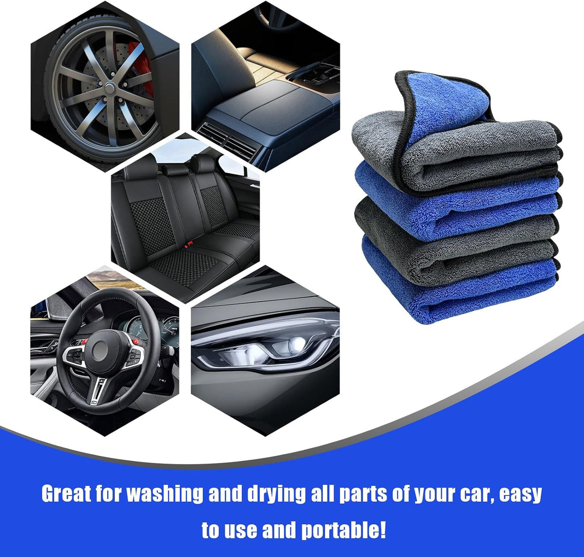 4PCS Microfiber Towels for Car, 12" x 16" 600GSM Cleaning Rags Ultra Absorbent Dusting Cloth, Scratch-Free Drying & Detailing Towel Wash Cloths for Car Interior & Exterior
