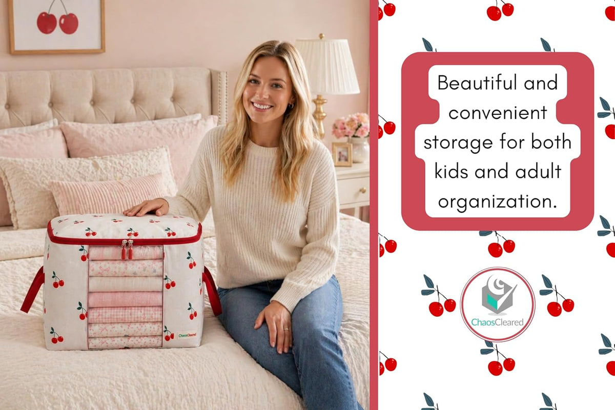 Chaos Cleared Kids Storage Bags – 100% Cotton Canvas Toy & Clothes Organizer with Cute Design – Storage Bin for Stuffed Animals, Baby Items & Clothes with Zipper & Handles (Cherry Print)