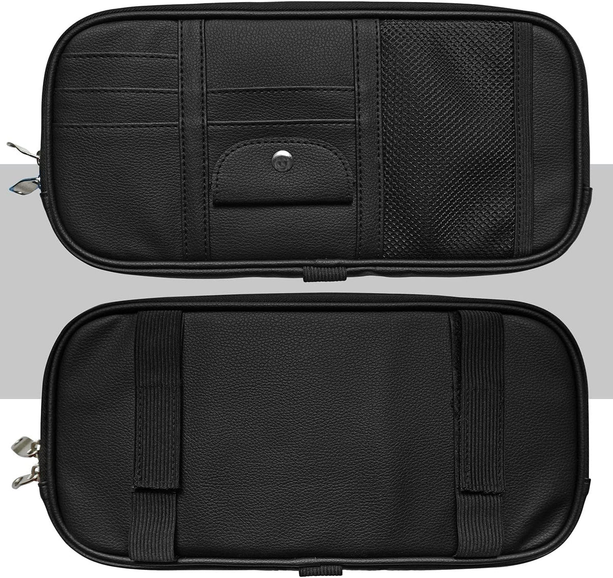 Car Sun Visor Organier Truck SUV Sun Visor Storage Pocket Pouch Holder, Multi-Pocket PU Leather with Zipper Net, for Cards Pens Sunglasses Document (Black)