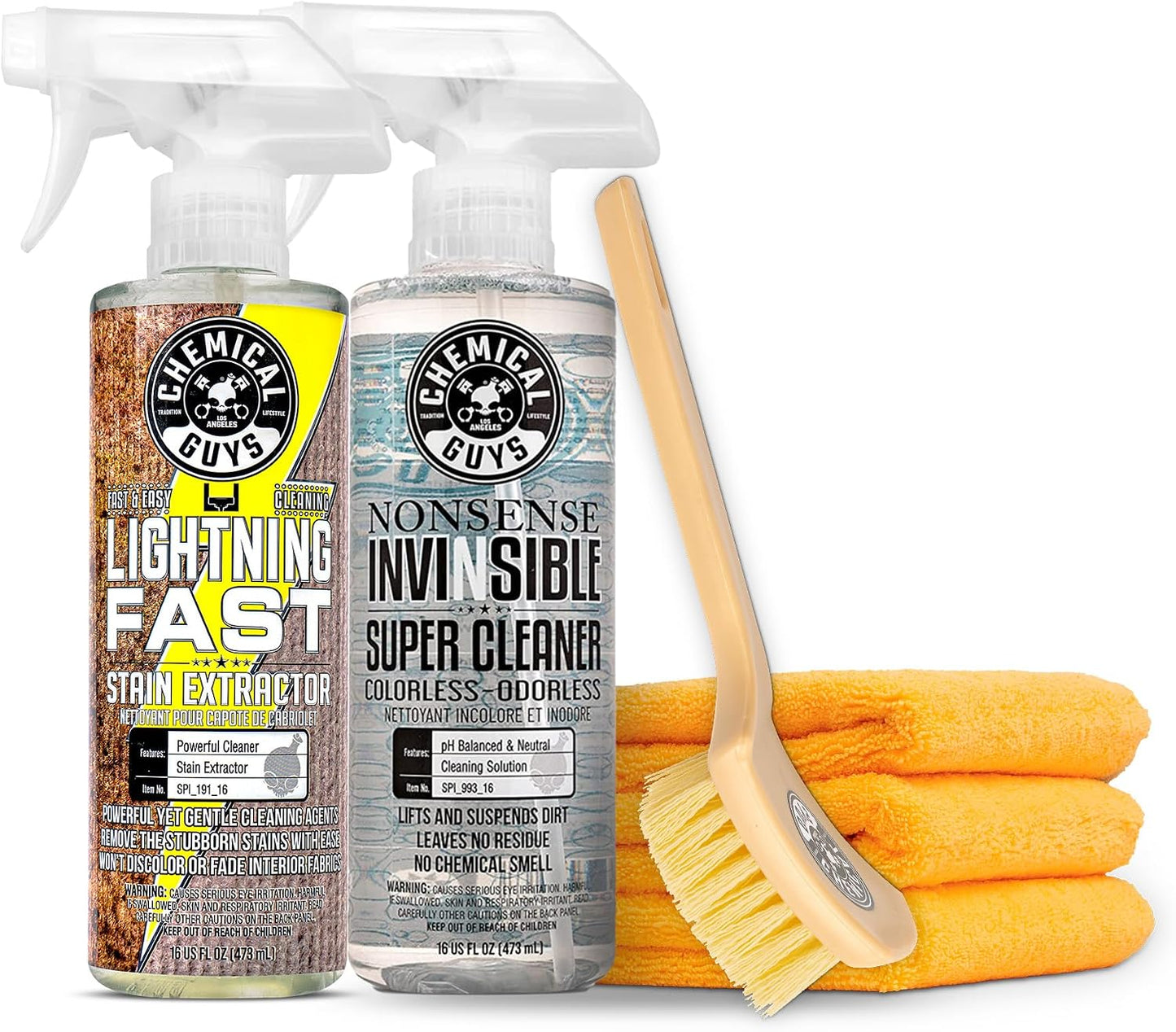 Chemical Guys SPI_191_16ID Interior Deep Cleaning Kit with Lightning Fast Carpet & Upholstery Extractor, Nonsense All Surface Cleaner, Induro 7 Heavy Duty Detailing Brush & 3 Pack Microfiber Towels