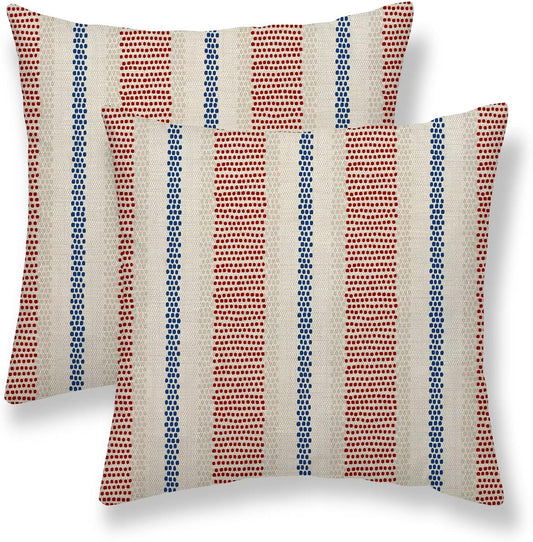 4th of July Pillow Covers 18 x 18 Inch Set of 2 Navy Blue Red Polka Dot Striped Decorative Outdoor Throw Pillow Covers Linen Modern Boho Geometry Pillowcase for Home Sofa Couch Decor