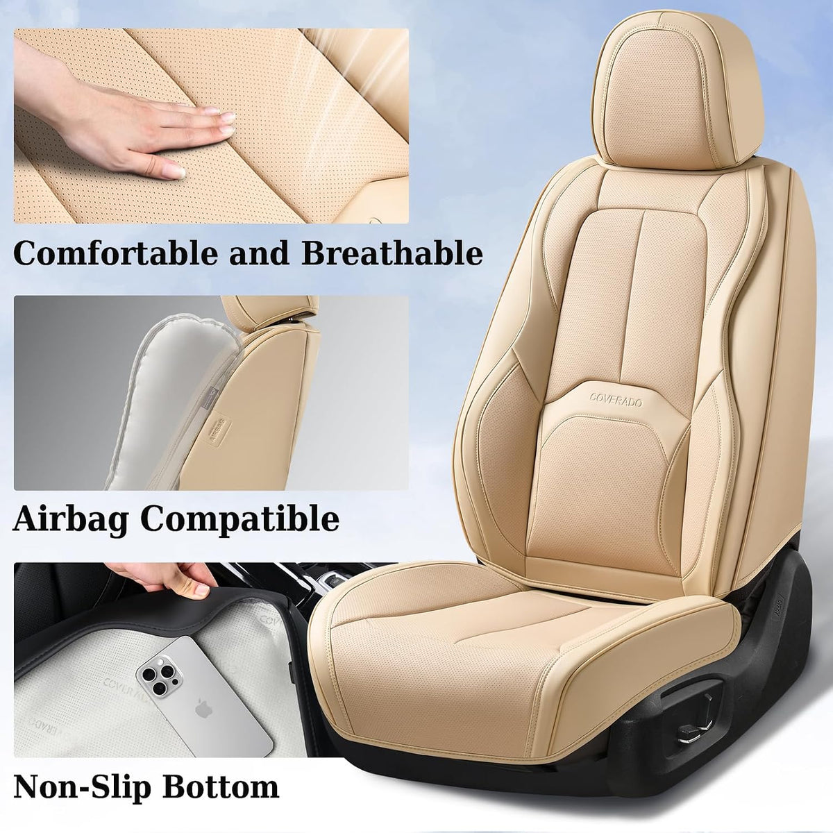Coverado Seat Covers, Leather Seat Covers Front Seat, Luxury Car Seat Covers with Lumbar Support, Front Driver Seat Covers, Car Seat Protector Waterproof Universal Fit Most Cars(Beige)