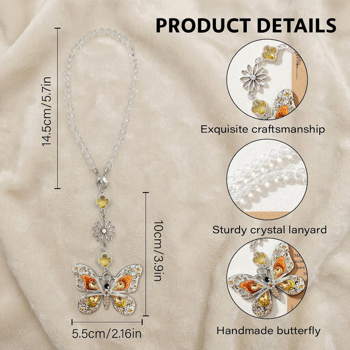 Butterfly Car Accessories Rearview Mirror Hanging Charm, Crystal Suncatcher Car Decor for Women, Aesthetic Hanging Crystals Rainbow Maker Ornament for Automotive Windows Home Room (Brown)