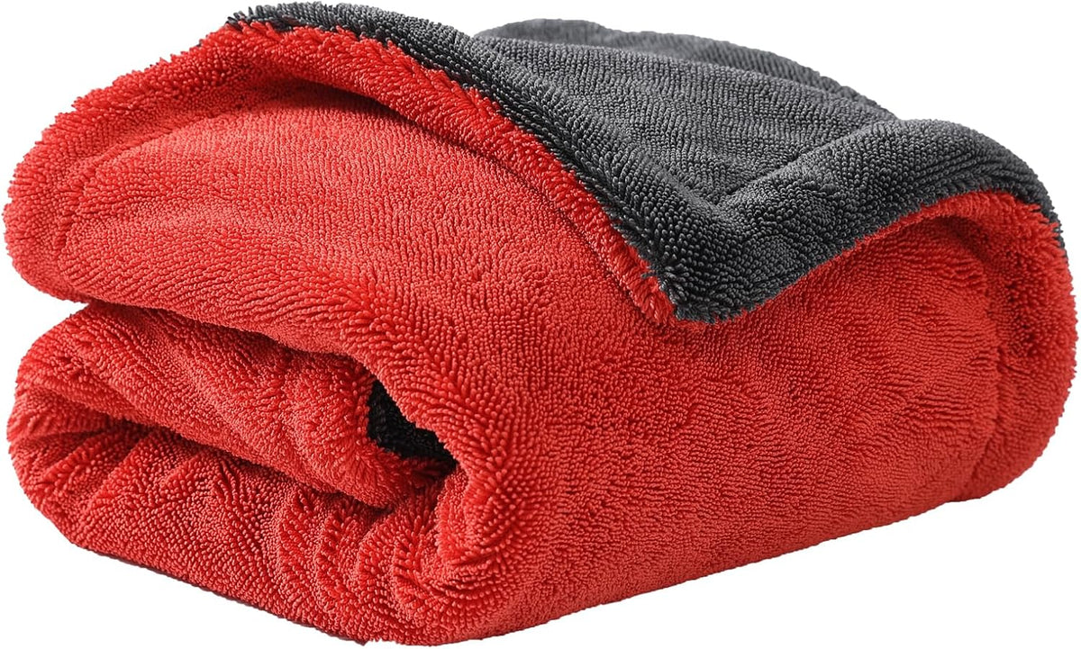 1400 GSM Car Drying Towel - 24x36 Inch Microfiber Twist Loop Towel for Cars, Ultra Absorbent Auto Detailing Towel, Scratch Free Streak Free, Red & Grey, 1 Pack