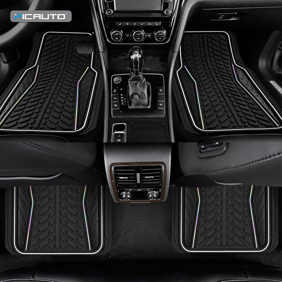 PIC AUTO Car Floor Mats, Black Aluminum-Molded with Full-Circle Iridescent Inlay Strip Car Mats, Universal-Fit Rubber Mats for Cars, Trucks & SUVs, All-Weather, Non-Slip, Easy-to-Clean Interior Mats