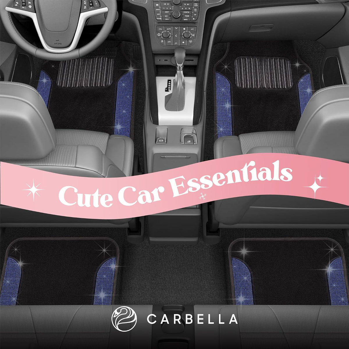 Carbella Diamond Bling Car Mats 4-Piece Set, Shiny Rhinestone Crystal Carpet Car Floor Mats, Two-Tone Floor Mats for Cars, Cute Automotive Interior Car Accessories for Women (Blue)