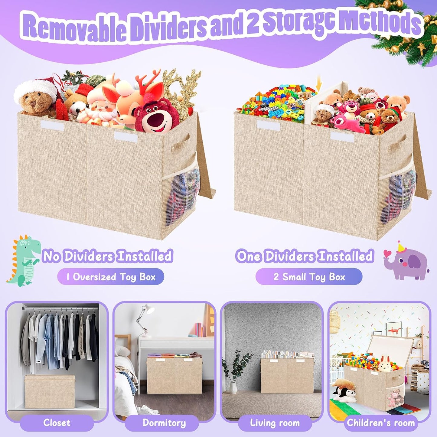 Large Toy Storage Box with Lid Divider, Sturdy Collapsible Toys Organizer Chest Kids Storage Bins Boxes Baskets for Boys, Girls, Nursery, Bedroom, Living Room, Playroom, 25"x13"x16", Beige