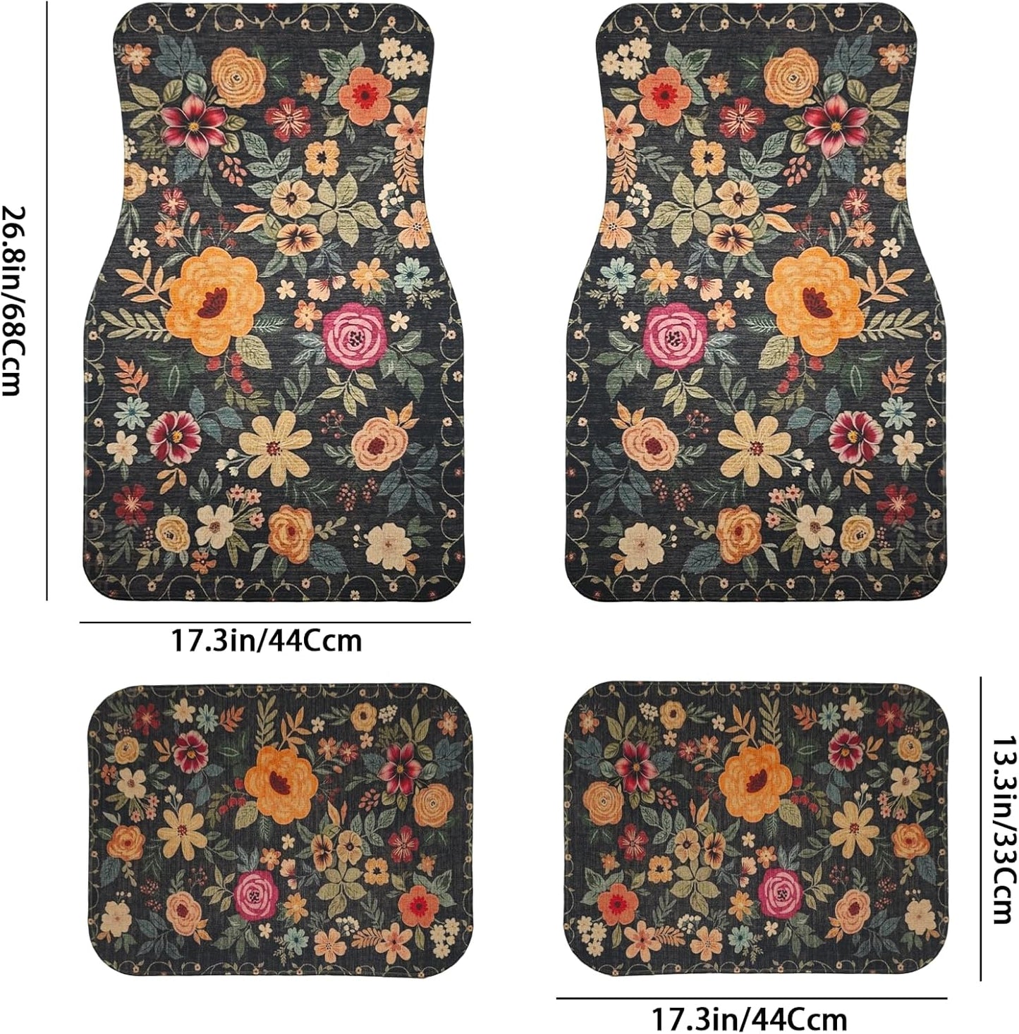 Premium Linen Boho Car Floor Mats Full Set, Vintage Floral Design | Waterproof & non-slip all-weather mats, universal fit for SUV Sedan, luxury car interior accessories for men and women