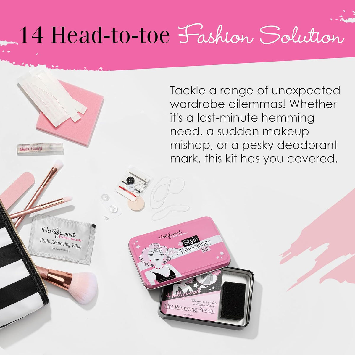 Hollywood Fashion Secrets Style Emergency Kit – Your Compact, On-the-Go Wardrobe Savior with Fashion Tape, Lint Sheets, Stain Remover &amp; Deodorant Sponge, 14 Piece Set