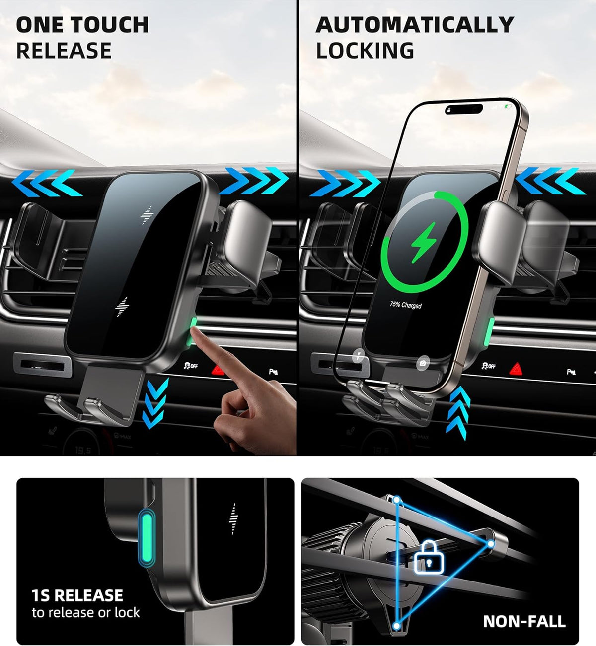 Dual Coil 15W Cup Phone Holder Mount, Wireless Car Charger Auto-Clamping Fast Charging Vent Phone Holders for Your Car for iPhone Duo/18/17/16/15/14/13/12/11 Series, Samsung Flip S25 S24 S23 S22 Ultra