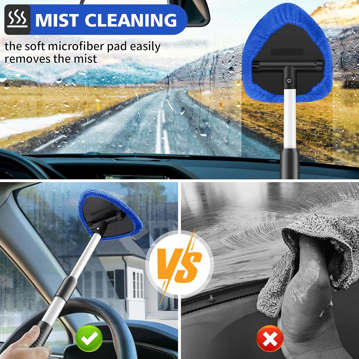 Windshield Cleaning Tool, 23-inch Extendable Handle Car Window Cleaner with 4 Reusable and Washable Microfiber Pads, Auto Glass Wiper Kit for Interior & Exterior, Ideal for Dirty Car Windows, Blue