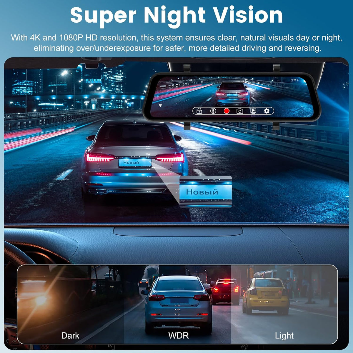 4K Rear View Mirror Camera Dual Lens with WiFi and APP Control 9.66 Inch