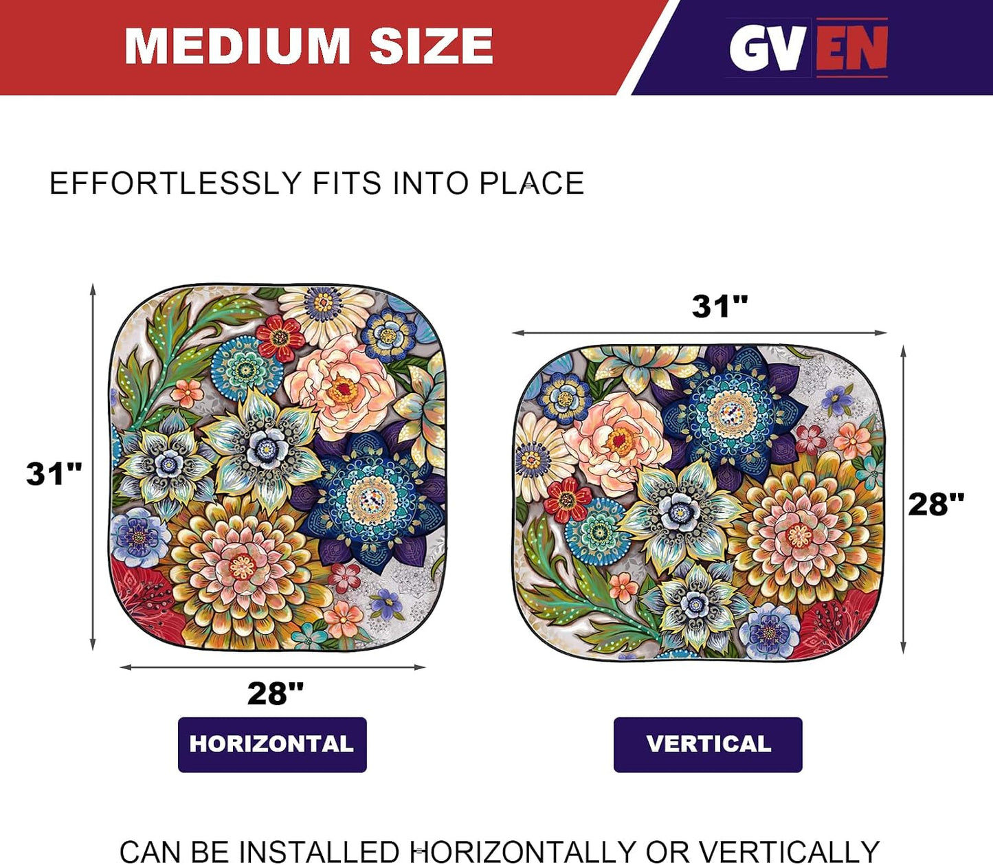 Gven Windshield Sun Shade for Car 2-Piece Foldable Sunshade for Front Windows, Blocks UV Rays, Automotive Interior Sun Protection Car Summer Accessories（Floral,M）