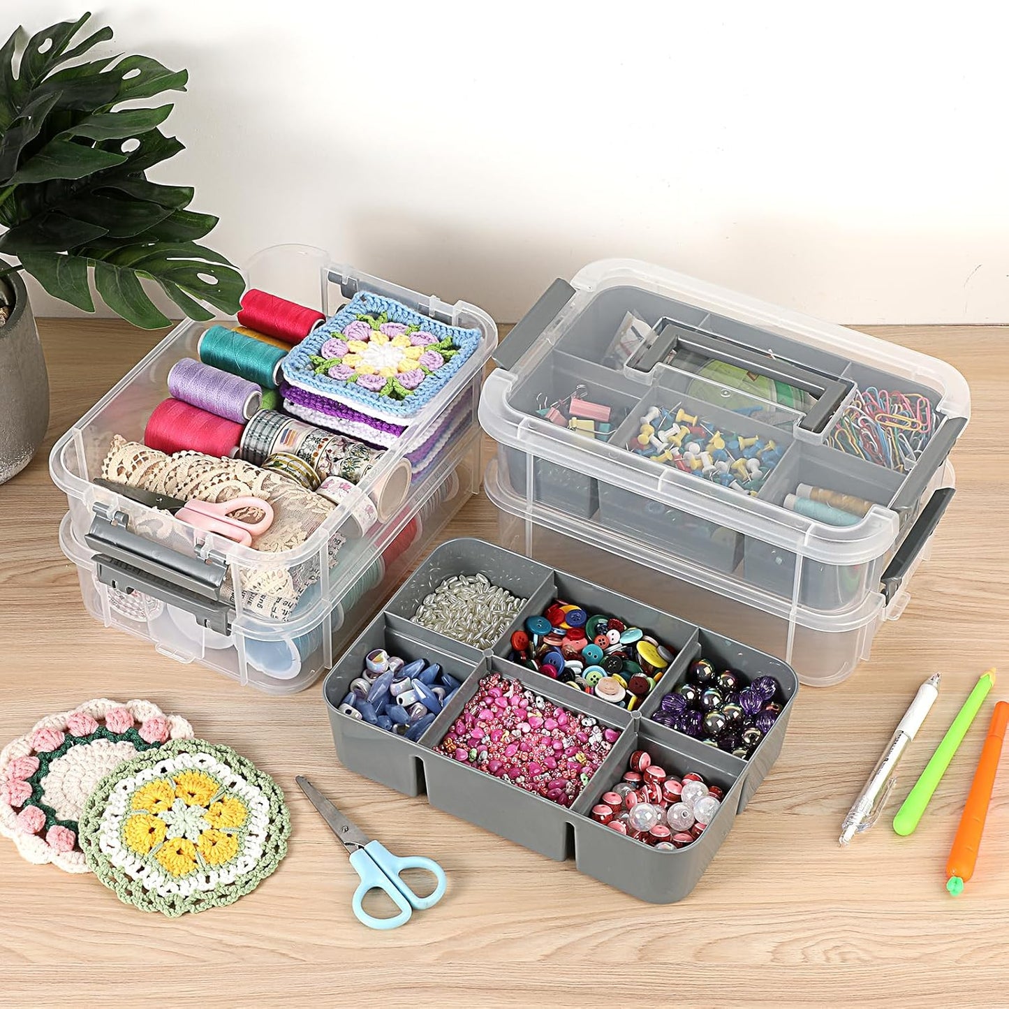 JUXYES 4-Tiers Plastic Stack Carry Storage Containers Box wih Handle Lids | Clear Stackable Latching Storage Bin With 2 Tray for School Office, Organizing Sewing, Art Craft, DIY Supplies, Gray