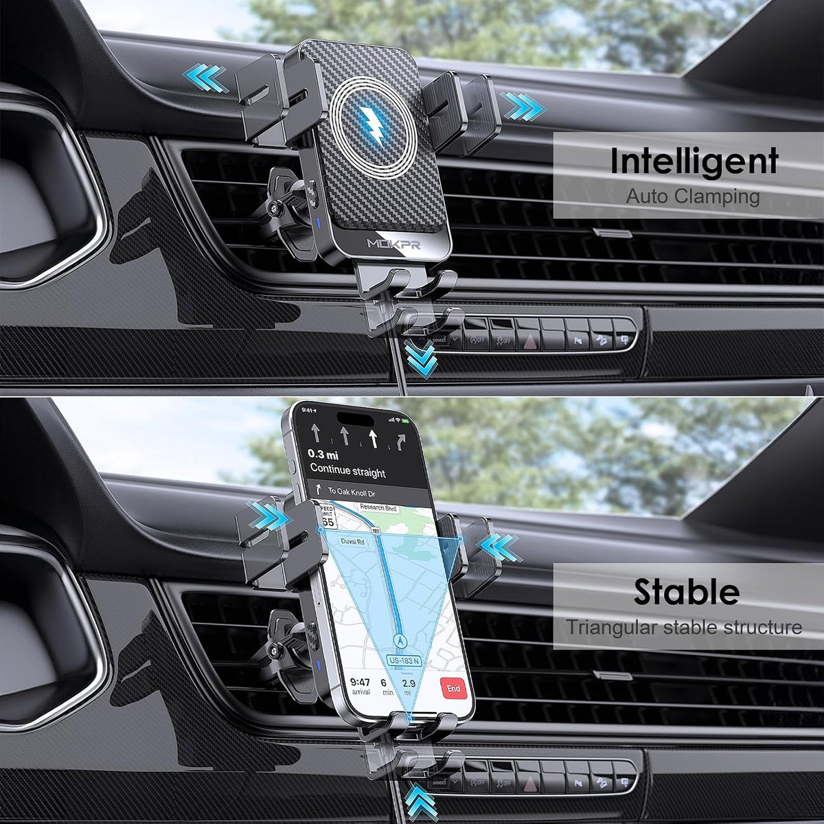 Wireless Car Charger 15W Fast Charging Auto-Clamping Air Vent Phone Mount