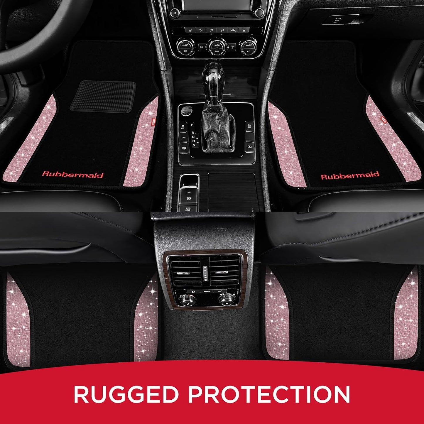Rubbermaid Bling Car Mats, Carpeted Floor Car Mat with Faux Leather & Built-in Heel Pad, Two-Tone Car Rug Floor Mats, Stylish Carpeted Floor Mats for Cars, Trucks & SUVs Glitter Pink Color
