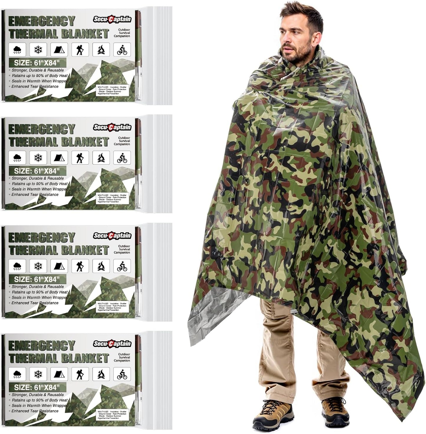 SecuCaptain Survival Emergency Thermal Blankets: Thicken 28um Space Mylar Blanket Kit for Outdoor Cold Winter Camping, Hiking, Car Bug Out Bag, or First Aid - Woodland Camo 4 Pack