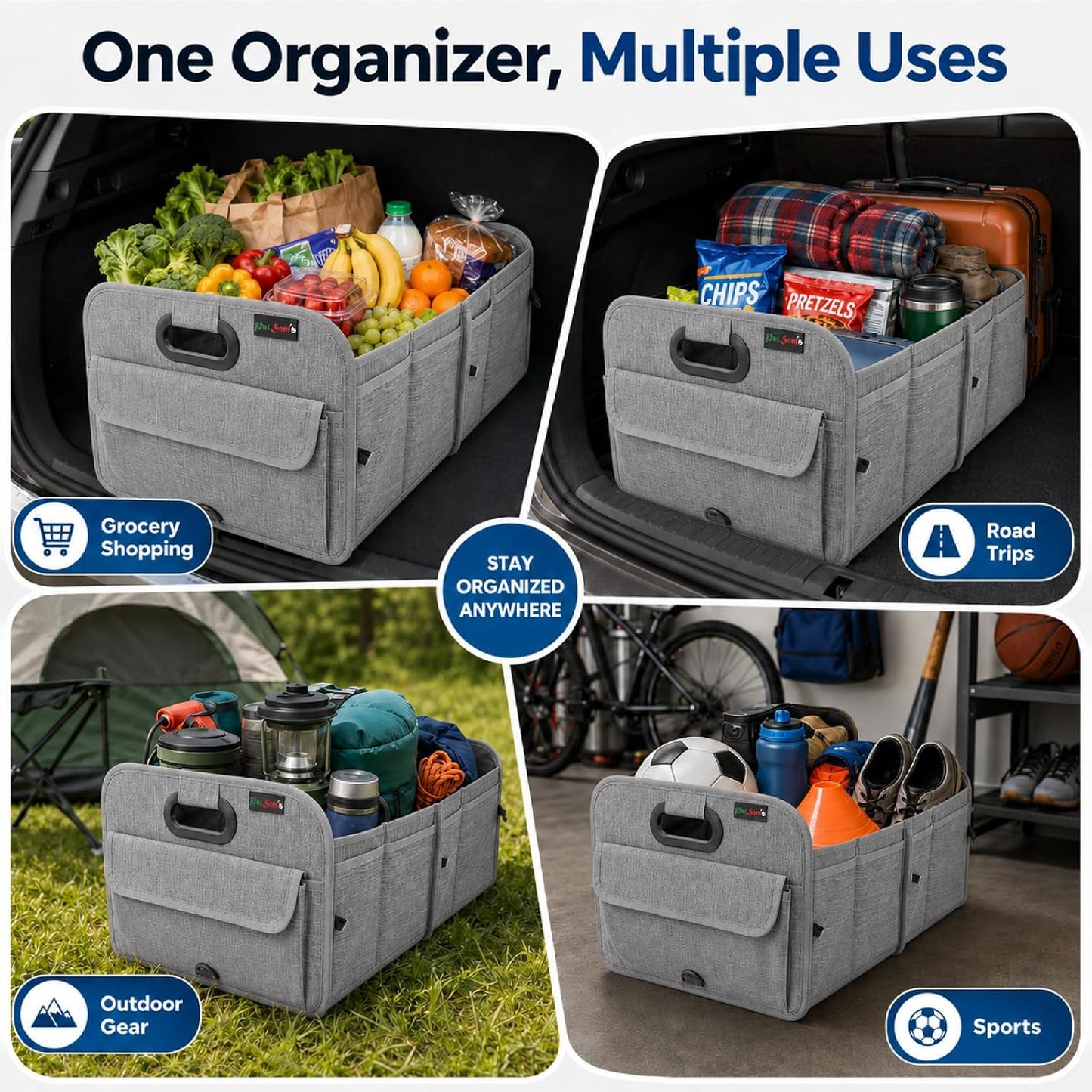PAT SAM'S Trunk Organizer for SUV, Collapsible Car Trunk Organizer with Dividers, Waterproof 600D Oxford, Non-Slip Storage Organizer for Groceries, Tools, Travel, Truck & Car (Grey)