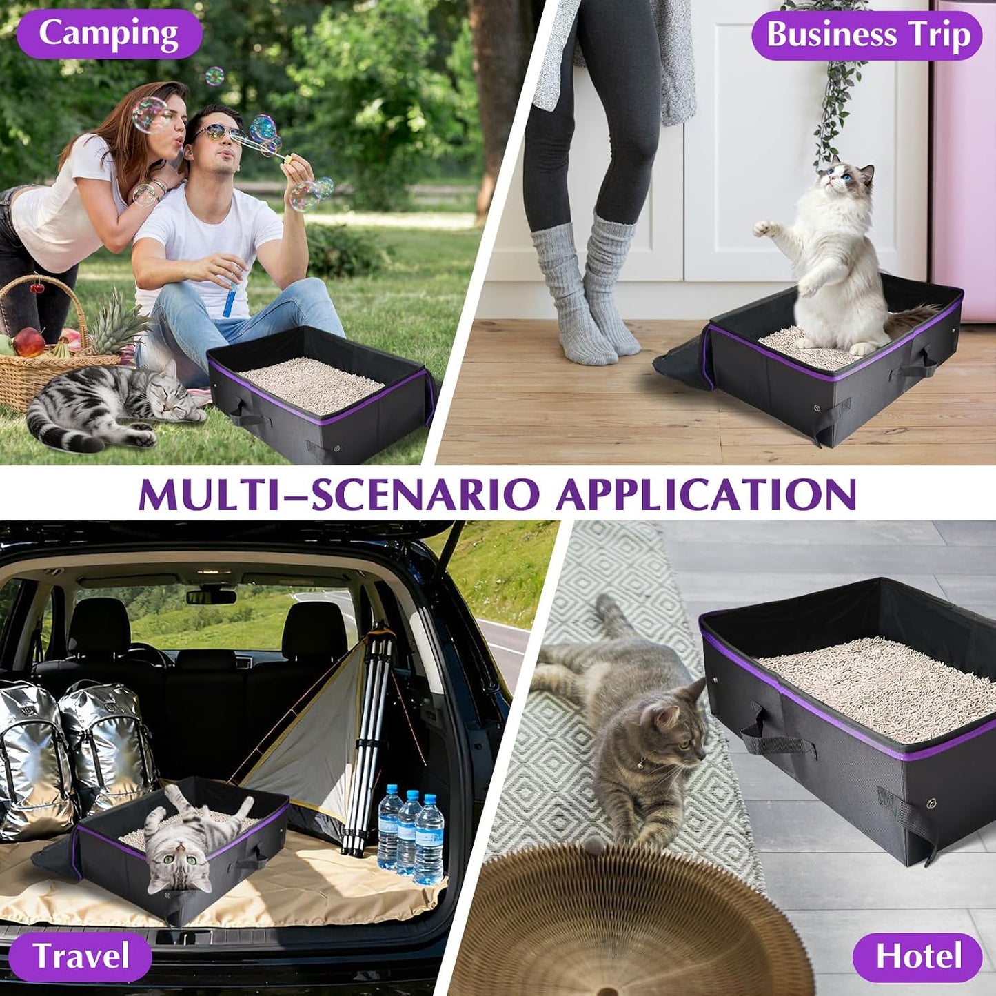 20x14x6.5 Inches, Large Portable Cat Travel Litter Box with Zipped Lid & 10 Liners, Leak-Proof, Lightweight, Sturdy & Waterproof and Foldable Travel Cat Litter Box for Hotels, Car, & Camping