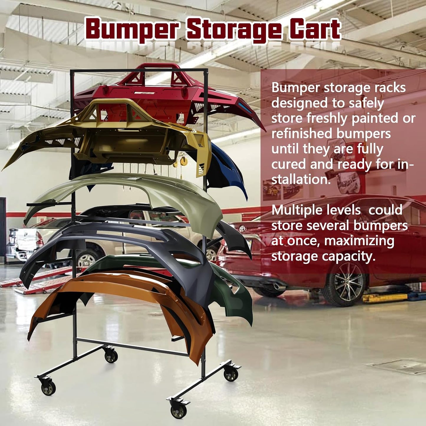Double Sided Bumper Storage Rack With Adjustable Design Maximize Space Utilization 4 Inch Swivel Caster Allow Floor Mobile Smooth Maneuverability