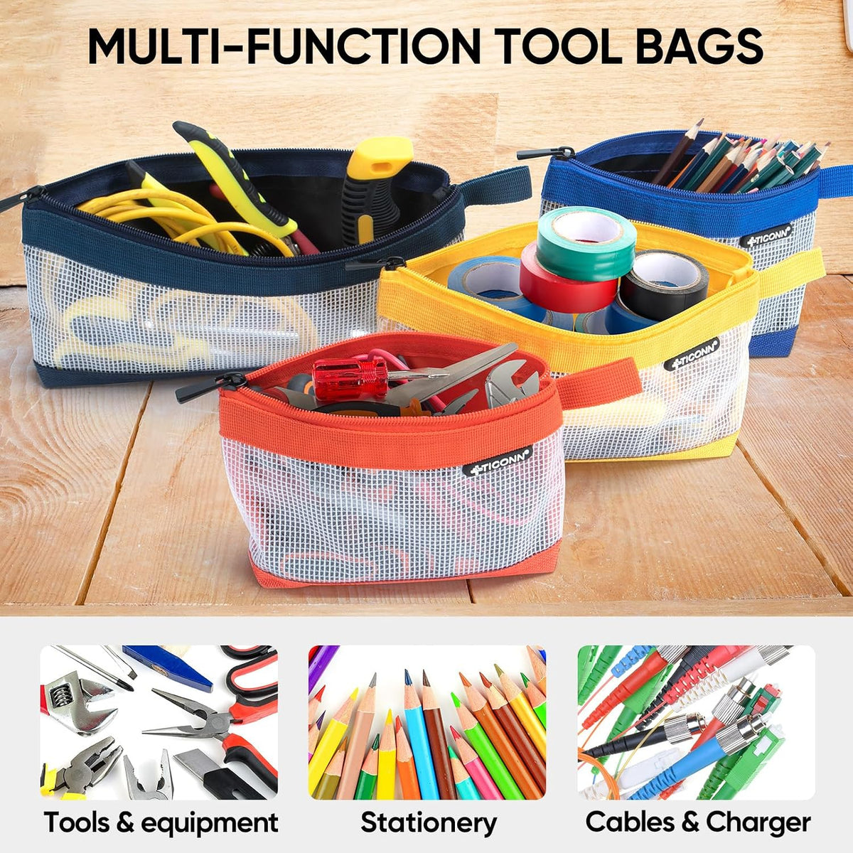 TICONN 6PK Tool Pouches with Zipper, Waterproof 1680D Oxford Small Tool Bag