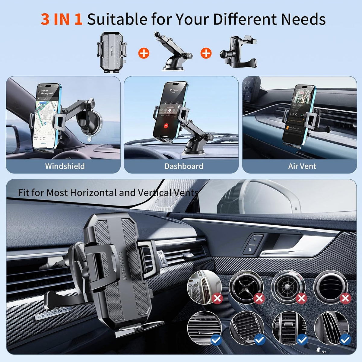 SUUSON Upgraded 3-in-1 Car Phone Holder Mount for Car, Black