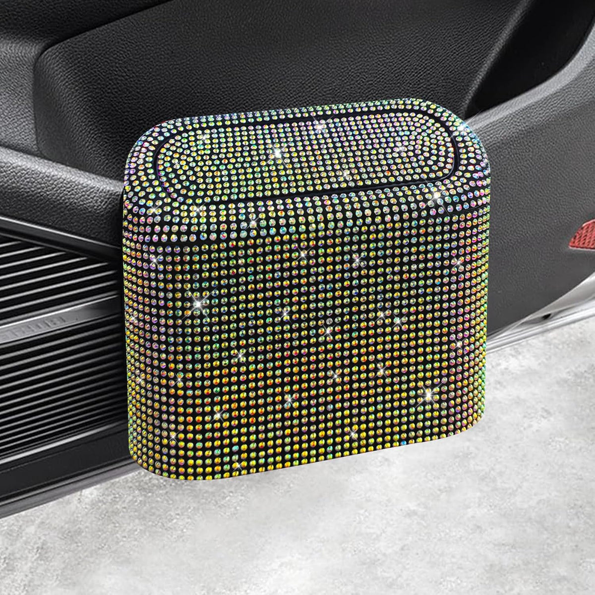 Bling Car Trash Can with Lid, Sparkly Rhinestone Auto Hanging Dustbin, Leakproof Plastic Auto Flip-Top Trash Bin, Bling Litter Container Organizer Box for Car, Home, Office and More (Pink)