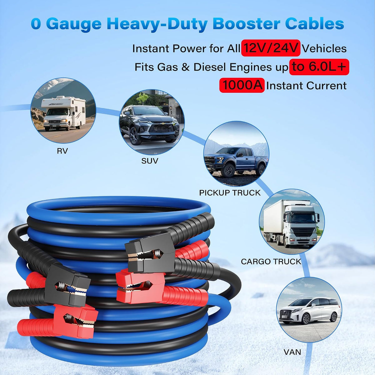 HiFind 0 Gauge Jumper Cables 30 FT for Car Battery, 0 AWG Heavy Duty Long Automotive Booster Wire, 1000Amp Emergency Starting Cable for Cars SUV Truck Vans RV with Alligator Clamps, Carrying Strap