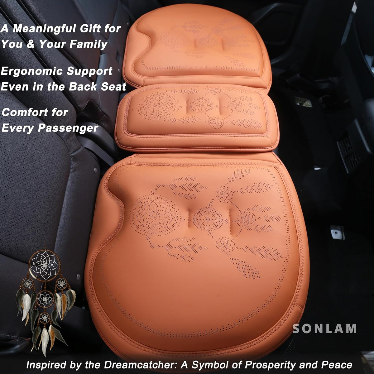 Comfort Dreamcatcher Car Seat Cushion Non-Slip - Relaxing, Optimal Support & Posture for Long Drive (Front Seats (Cognac Brown))