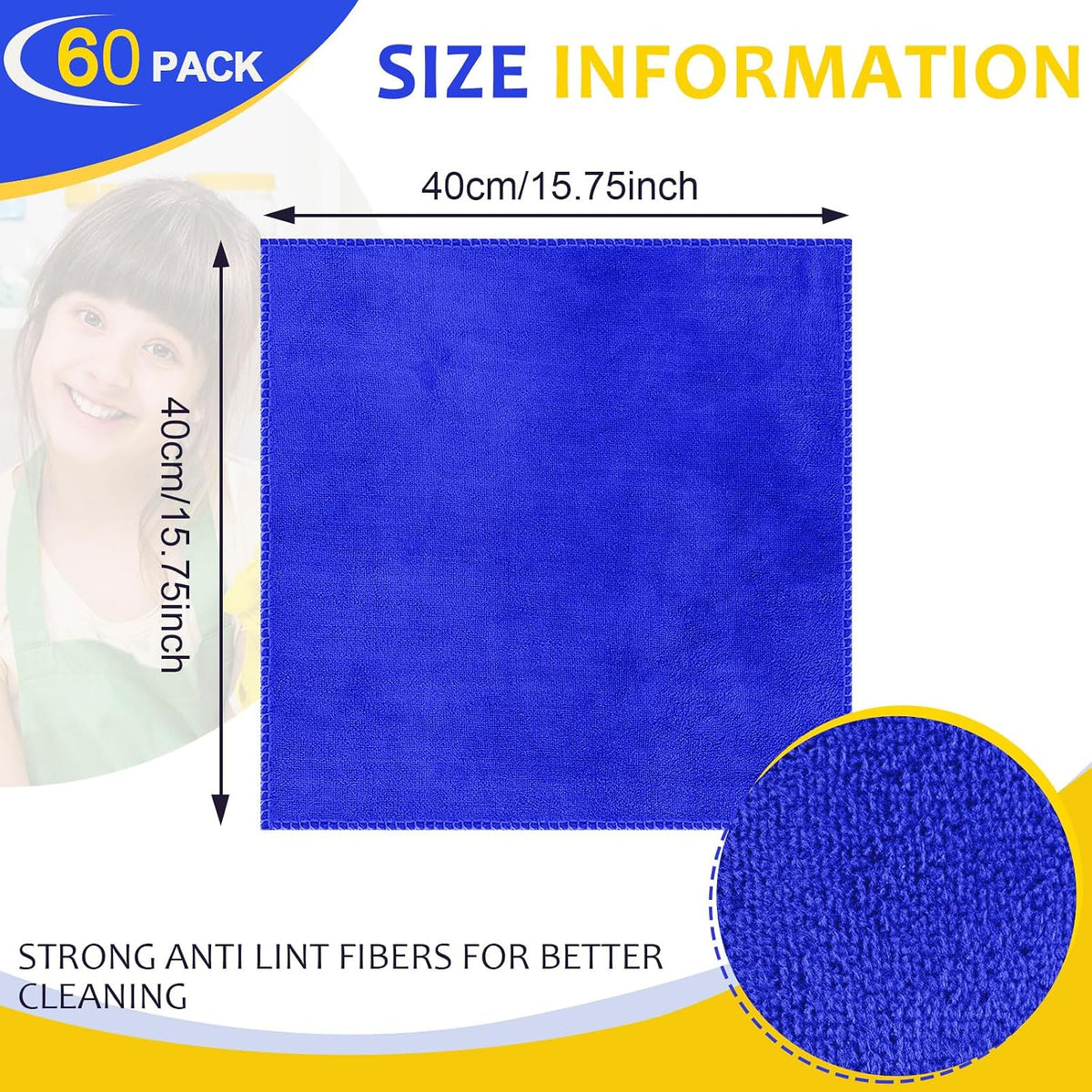 Nuenen Car Microfiber Clean Cloths, Yellow,Gray,Blue, 16 x 16 Inch, 60 Pcs