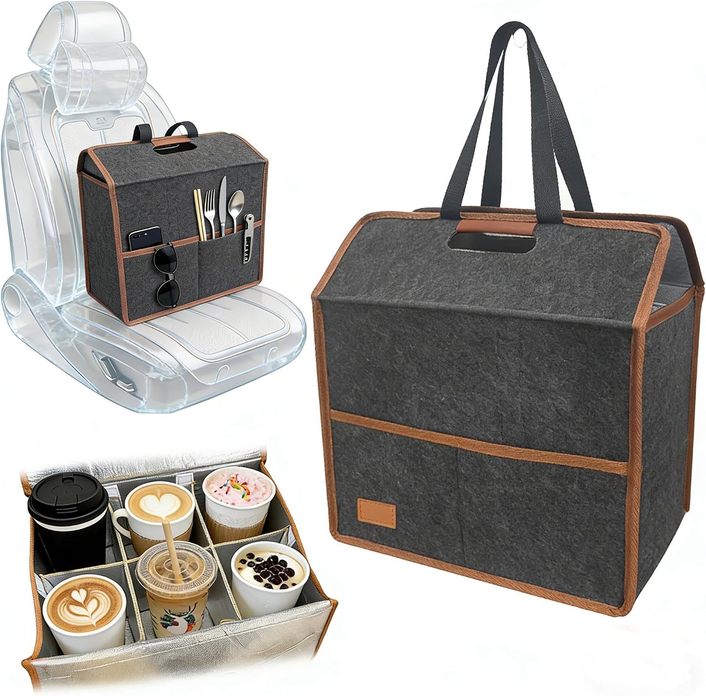 4 Cup Drink Carrier with Handle, Reusable Insulated Cooler Drink Bags for Car Cup Holder,Coffee Carrier Bag with Fixed Dividers, Portable for Car, Travel, Picnic Party, Food Delivery