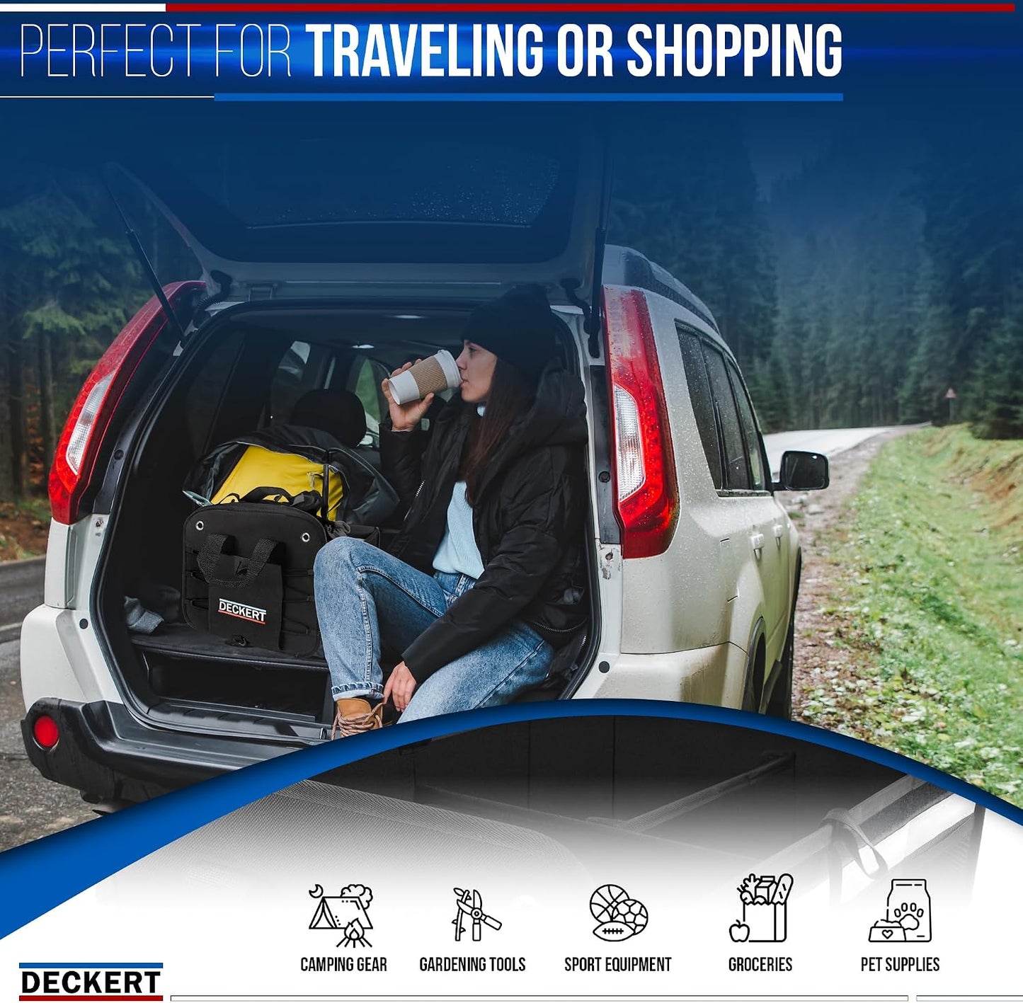Deckert Large Size 61L Car SUV Trunk Organizer, 600D Oxford Polyester, Collapsible, Multi compartments, Securing straps, Suitable for any car type, Black with Reflective Stripes