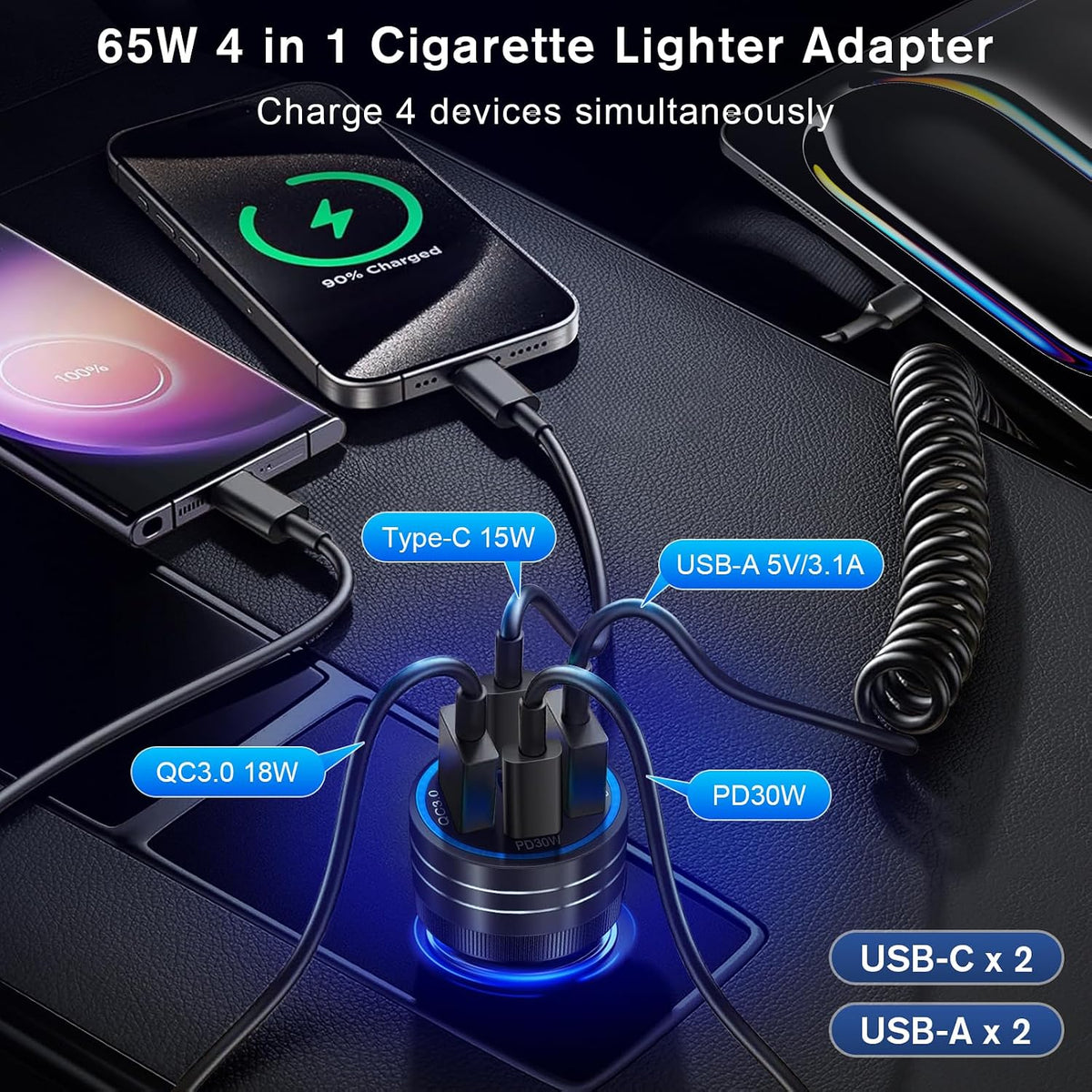 USB C Car Charger, 65W 4-Port Voltage Display Cigarette Lighter USB Charger