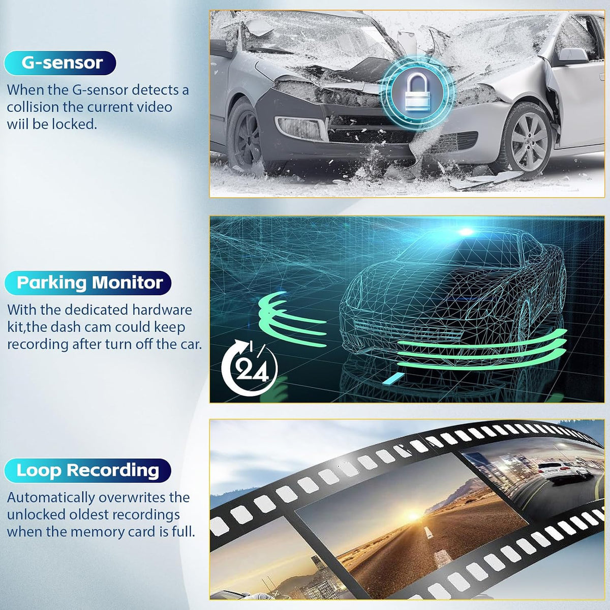 1080P Mirror Dash Cam 9.66" 3 Channel Front Rear Inside View Mirror Camera