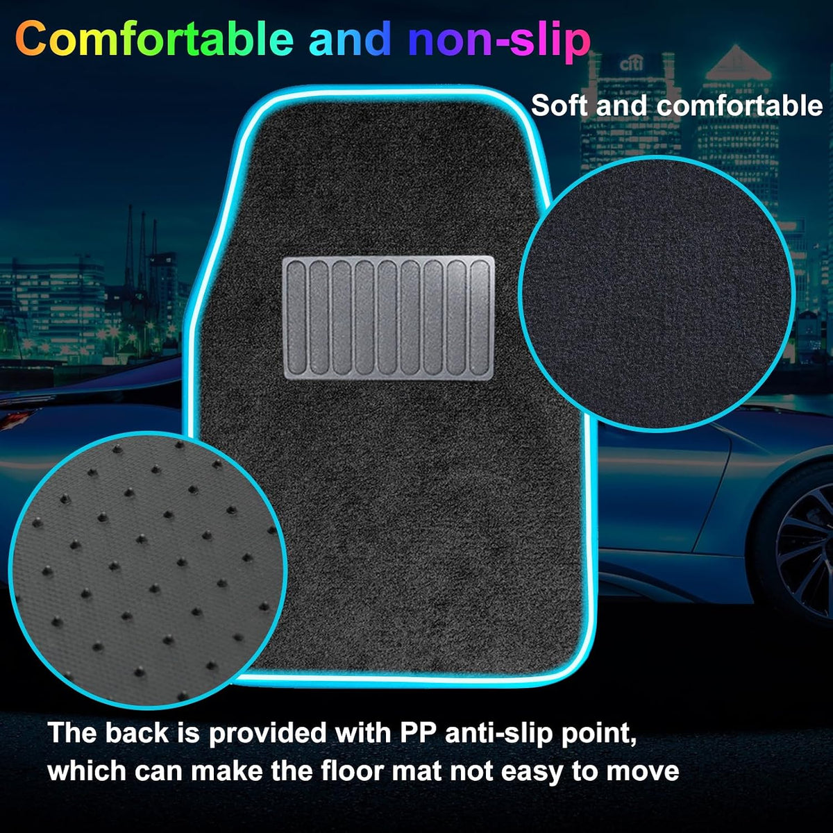 Soft Car Floor Mats with Led Strip Light, App Control Leather Interior Car Lights Floor Mats, Universal Fit Black Automotive Carpet, Anti-Slip Waterproof RGB Car Decor Accessories for SUV,Sedan,Jeeps