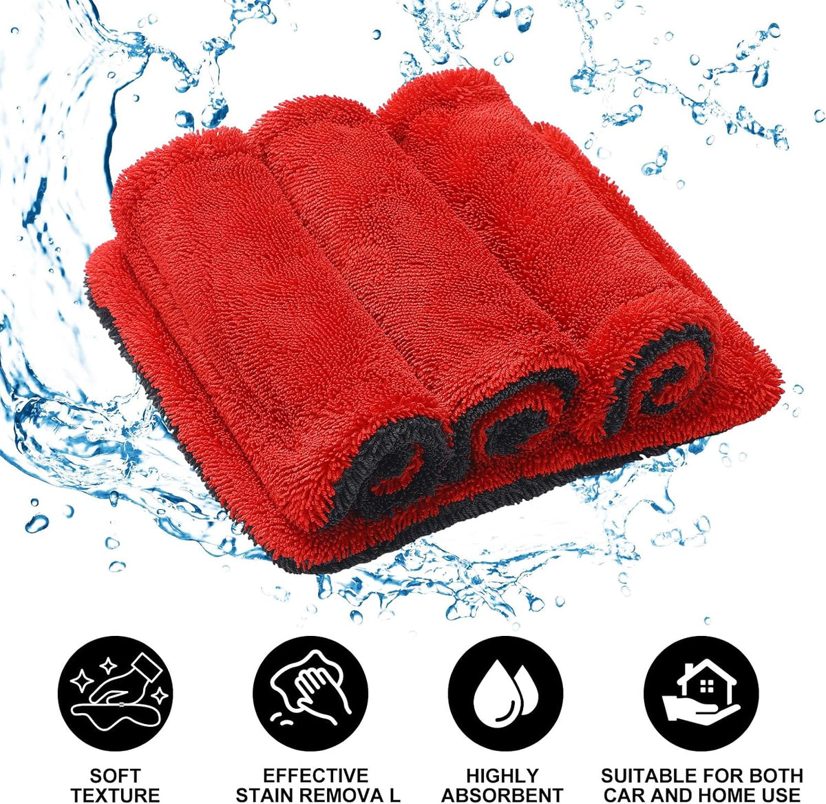Hahafelt Microfiber Car Drying Towel 6-Pack, Dual-Sided Double-Twist Pile Wash Pad for Cars Detailing, Streak-Free Cleaning for Auto Glass Windows Wheels, Reusable Car Care Cloth, 9'' x 8''