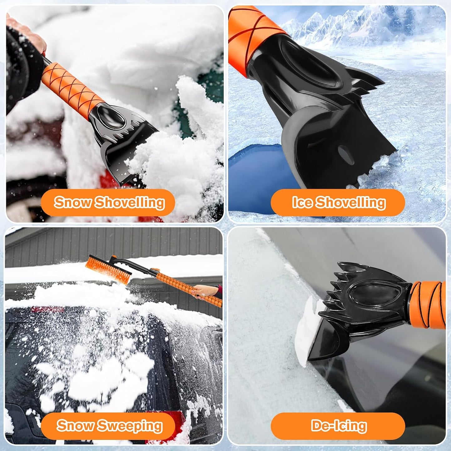 Showvigor Extendable Snow Brush and Ice Scraper for Car, 30"-35"-39" Adjustable Long Handle & 4.3" Ice Chipper, 360° Pivoting Brush Head & Comfortable Antiskid Grip