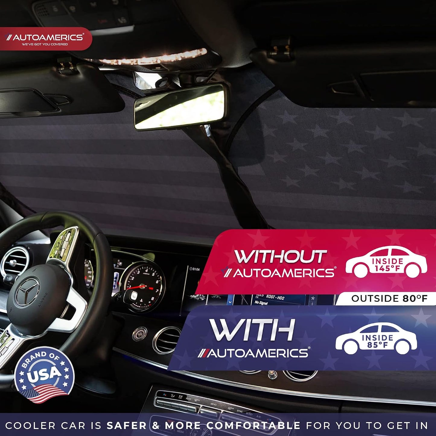 Autoamerics 1-Piece Windshield Sun Shade B&W American Flag USA Patriotic Design - Foldable Car Front Window Sunshade for Most Sedans SUV Truck - Blocks Max UV Rays and Keeps Your Vehicle Cool - Medium