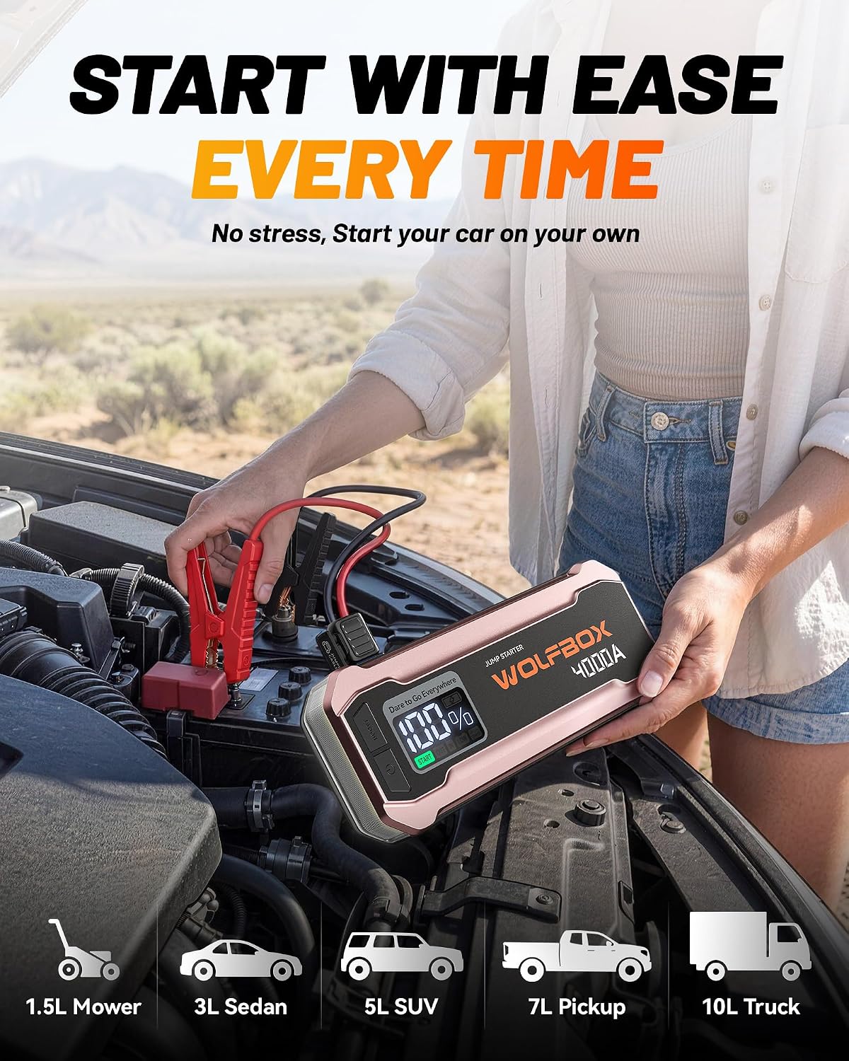 WOLFBOX 4000A Jump Starter,12V Pink Car Battery Jumper Starter Portable with 65W Quick Charger,88.8Wh Booster Jump Box Pack (10L Gas 10L Diesel Engine) with LED Light,Jumper Cables, Rose Gold