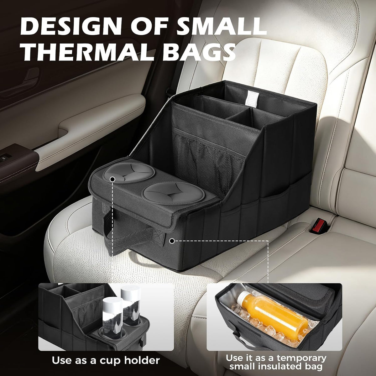 Car Seat Organizer with Cooler Compartment for Front & Rear Seats | 11 Storage Pockets, 2 Cup Holders, Durable Oxford Fabric, SUV & Truck Compatible, Ideal for Kids Family Road Trips