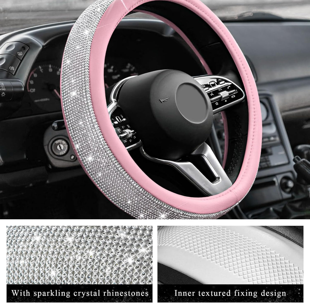 Diamond Leather Steering Wheel Cover, 15 Inch Bling Crystal Rhinestone Anti-Slip Wheel Protector, Universal Sparkling Elegant Diamond Steering Wheels Cover for Women Girl (White&Pink)