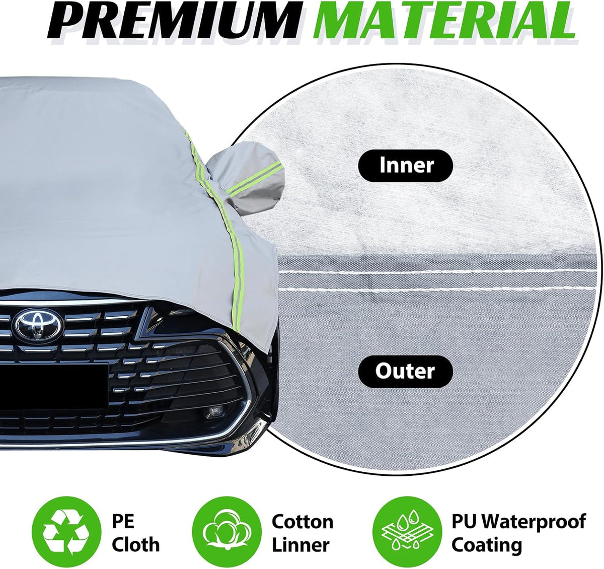 Half Car Cover with Green Reflective Strip, Windshield Cover for Ice and Snow with Cotton Liner, Hail Protector Car Cover Waterproof All Weather for Snow, Sun, Rain, Dust, UV Protection Fit SUV M