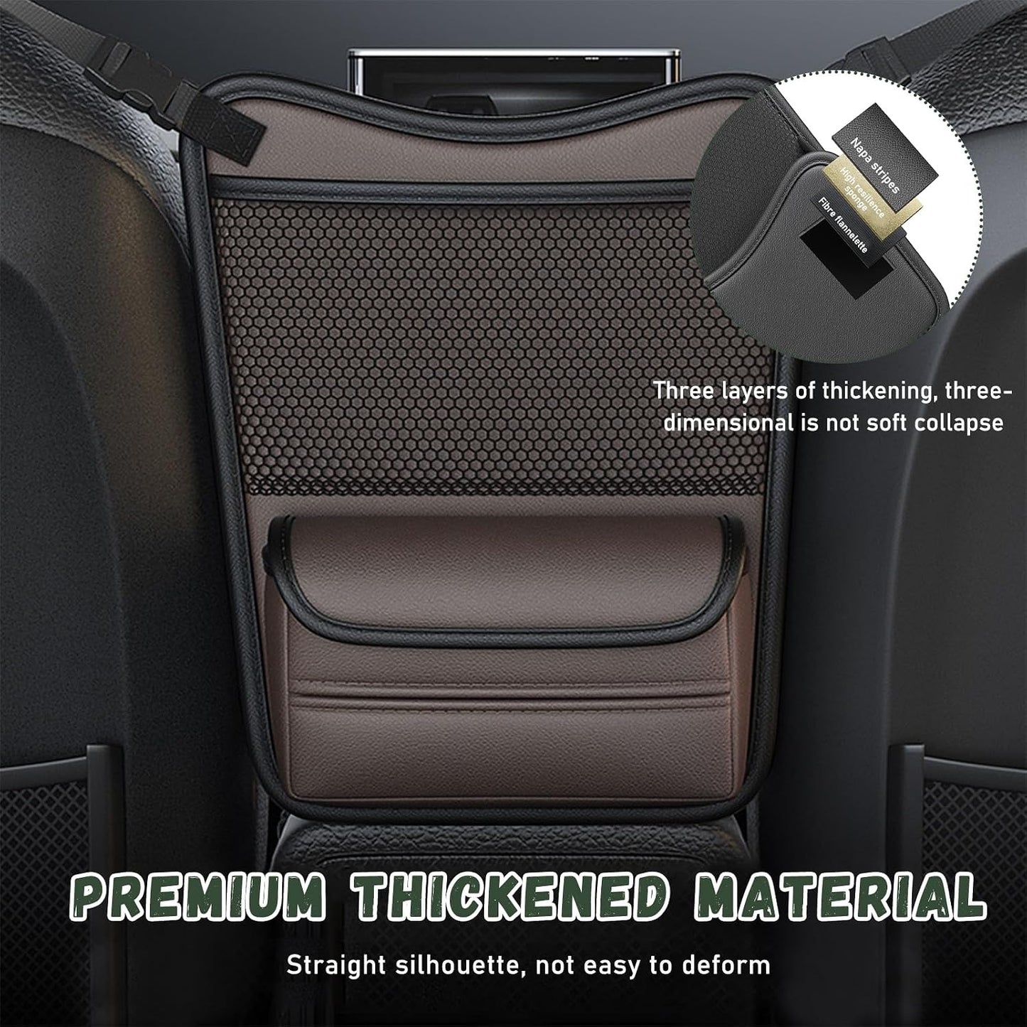 Ohleats Car Organizer Storage Between Seats, Nappa Leather Auto Handbag Holder for Document Phone Storage, Large Capacity Automotive Console Pocket Purse, Car Accessories (Brown)