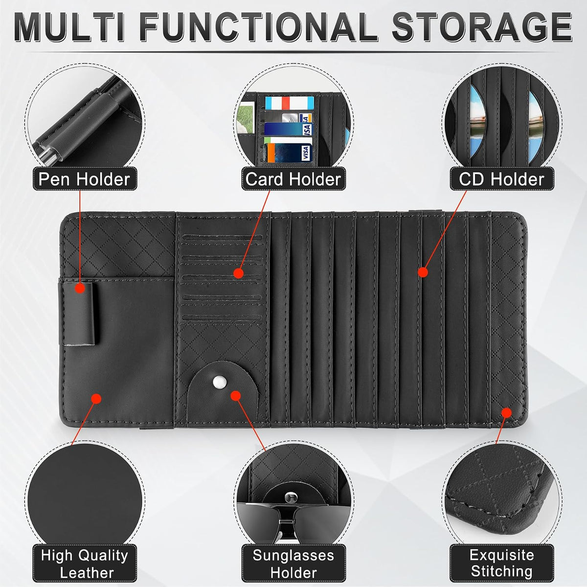 alpmosn Sun Visor CD Case Holder for Car - Multi-Function Visor Organizer with CD/DVD Storage, Eyeglass Clip, Card Slots & Pen Holder, Durable Leather Car Accessories (Black)